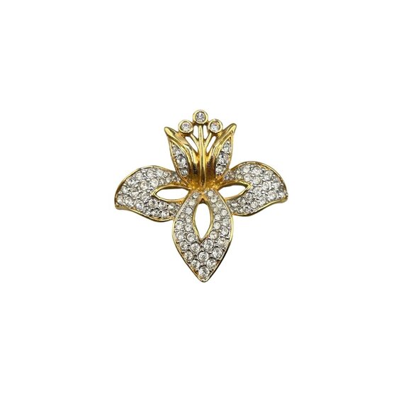 Swarovski Swan Signed Orchid Brooch Gold Tone & Clear Crystals Flower Pin - Picture 1 of 7